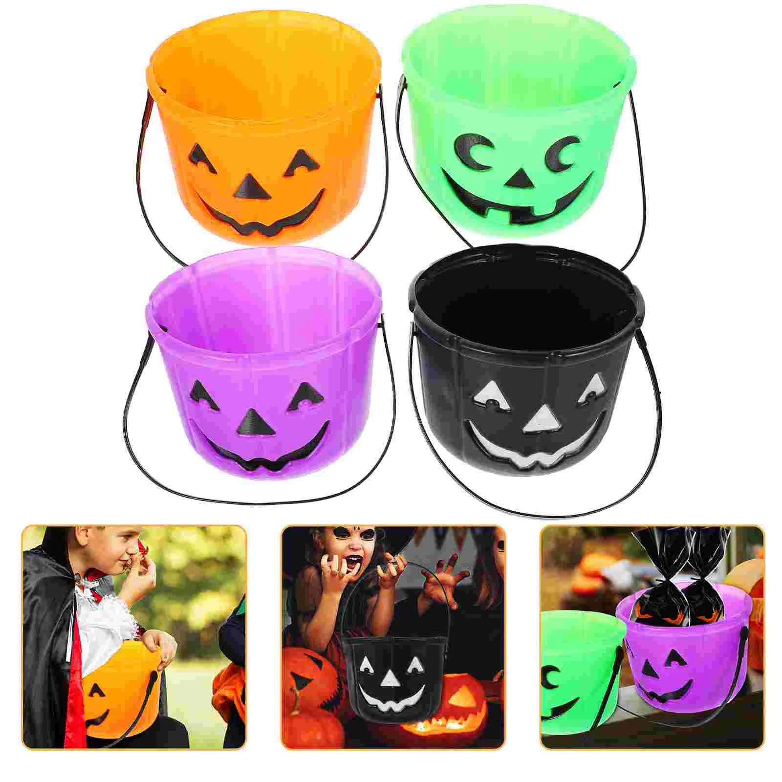 

4 Pcs Kids Basket Portable Pumpkin Bucket Plastic Buckets Handles Party Candy Jar Creative Halloween Holder Child