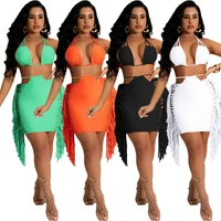 european and american clothing fashion personality solid color bikini fringed skirt sexy two piece nightclub