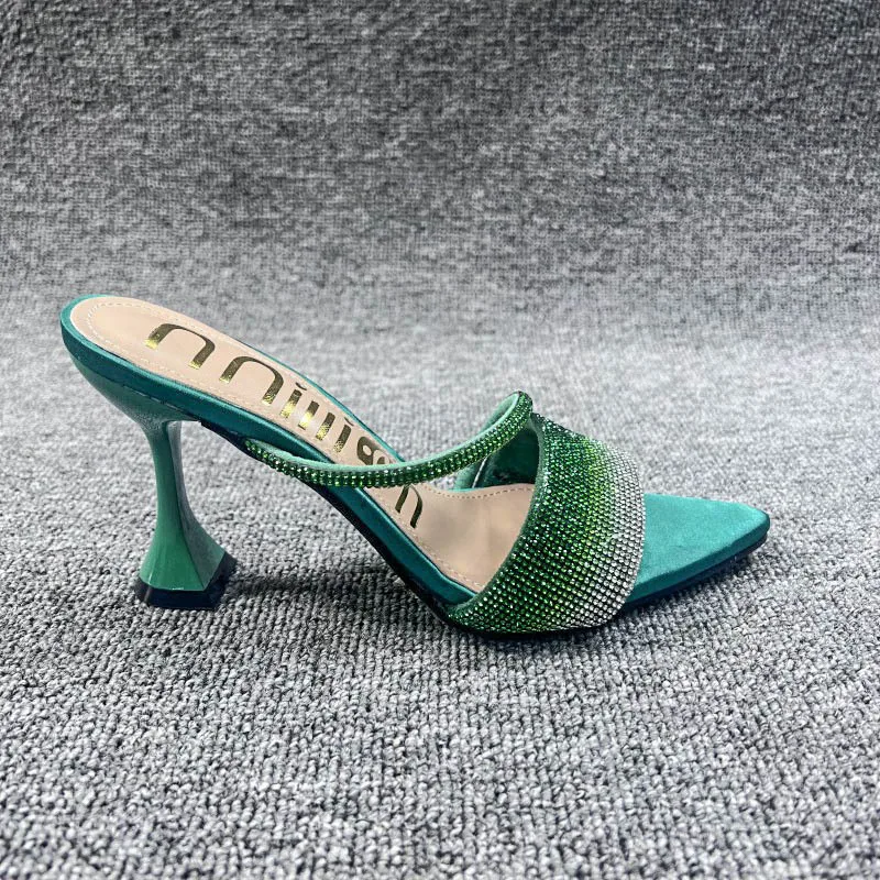 Xibeilove 2023 Fashion Women's Slippers Summer Sexy Pointed Rhinestone Colorful High Heel Slippers Luxury Banquet Wedding Shoes
