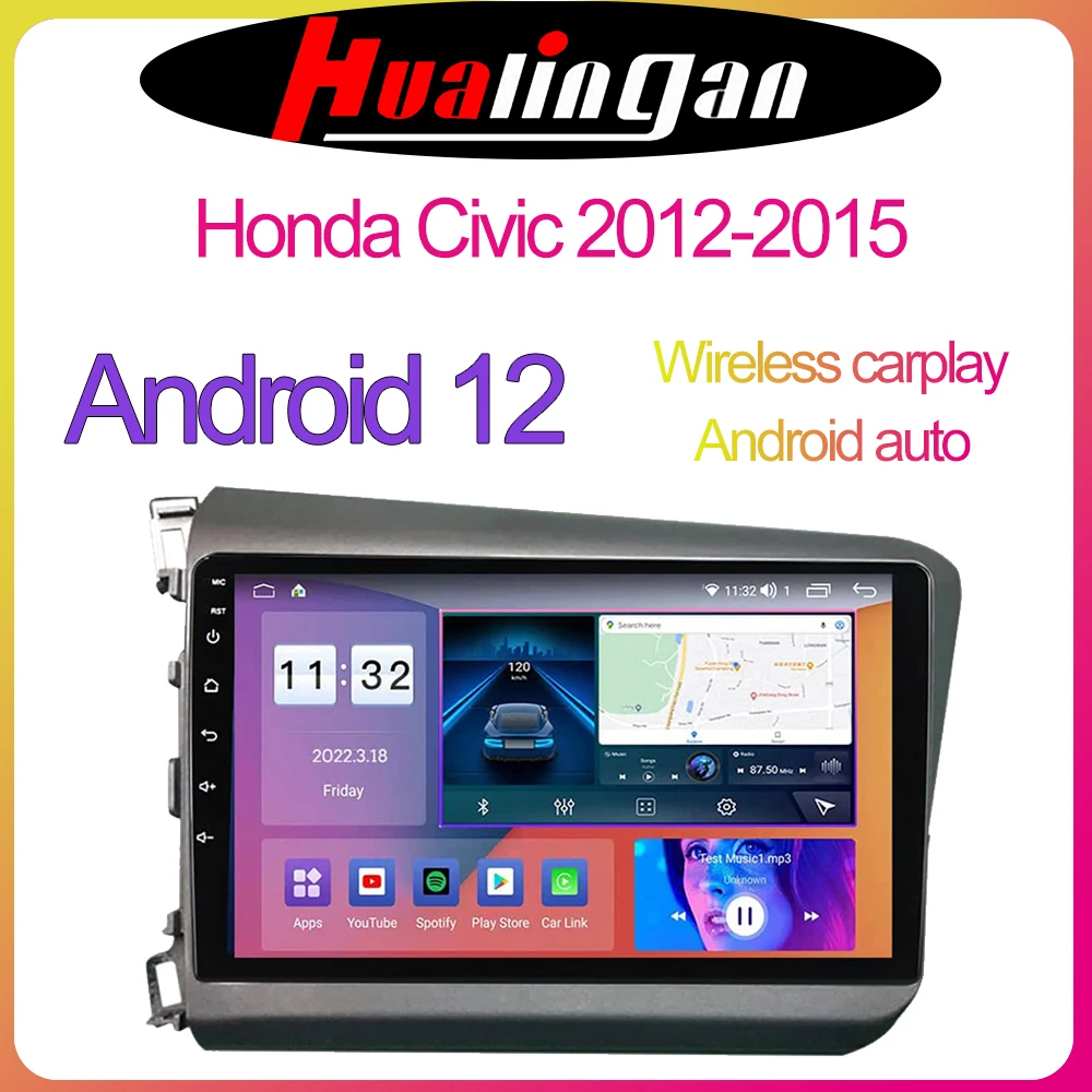 Android 12 Car Stereo Radio  9 Inch for Honda Civic 2012-2015 Bluetooth WiFi FM Mirror Link GPS Navigation 2 Din