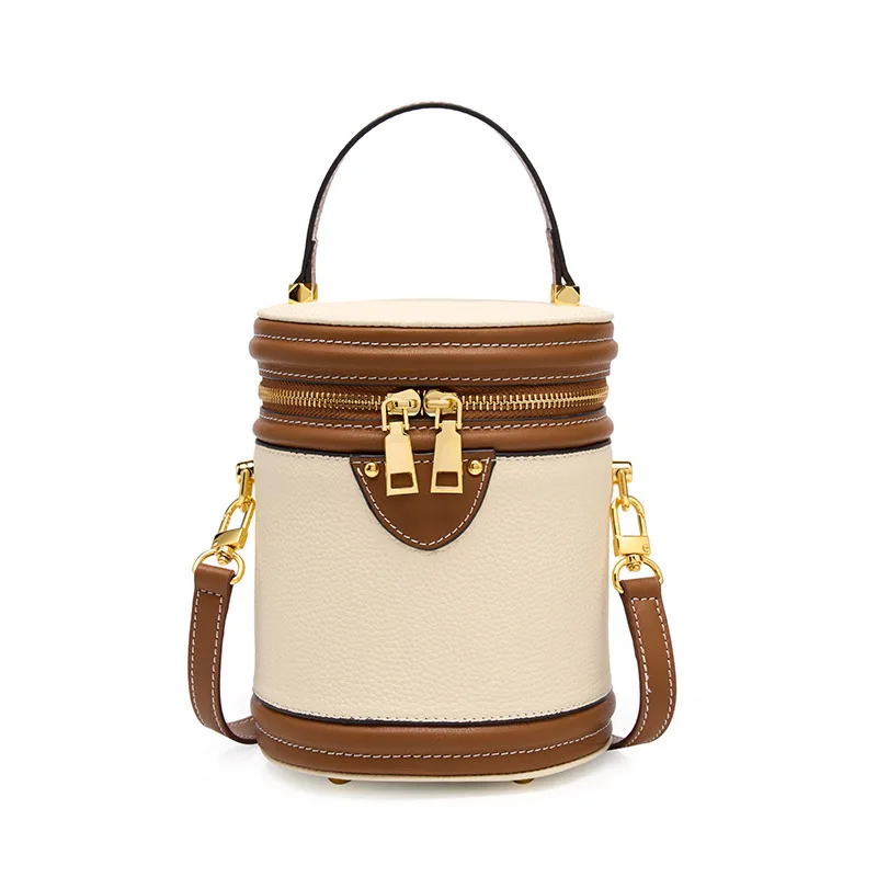 

Fashion Ladies Genuine Leather Bucket Handbag with Top Zipper Closure Barrel-shaped Design Shoulder Bags Luxury