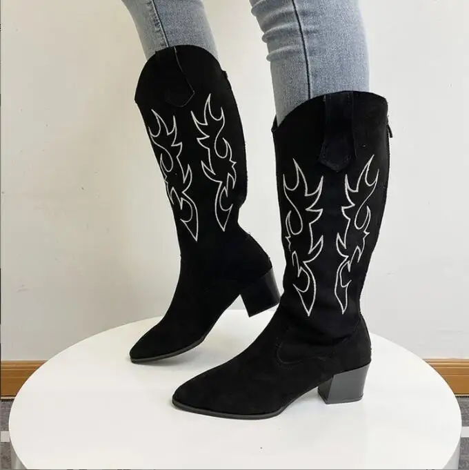 

New Fashion Women Western Cowboy Boots Pointed Women's Shoes Printing Mid Calf Boots Winter Chunky Heel Wedges Knight Boots