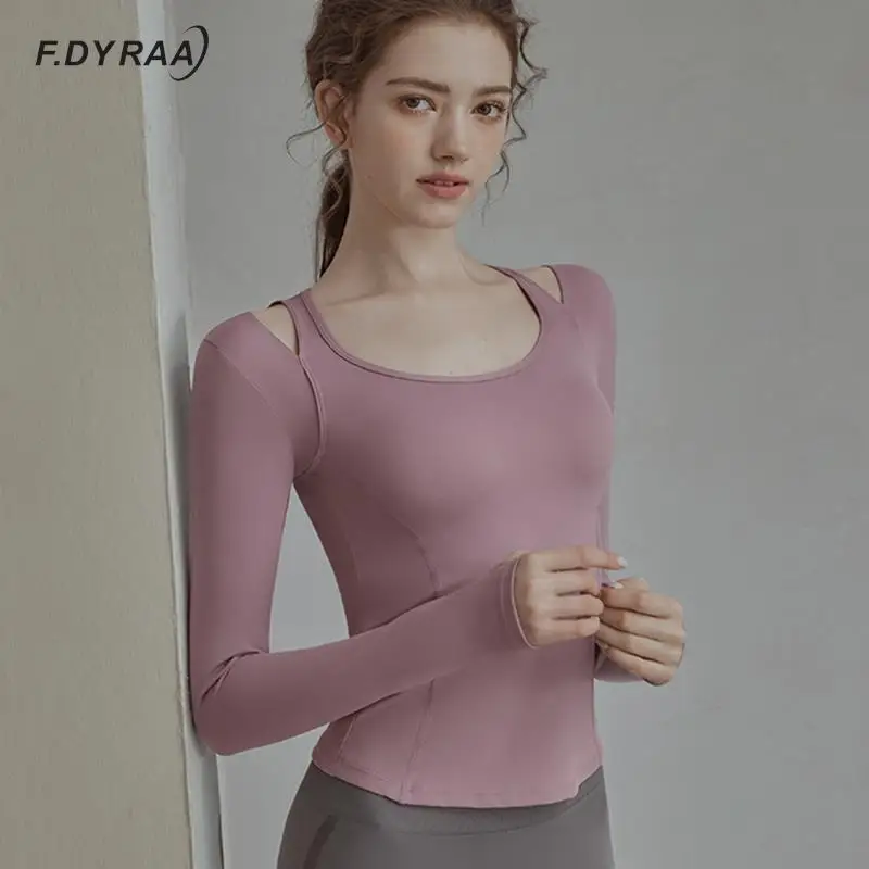 

F.DYRAA New Fashion Off Shoulder Yoga Shirts Long Sleeve Fit T Shirts With Thumb Hole Sexy Breathable Gym Fitness Sports Tops