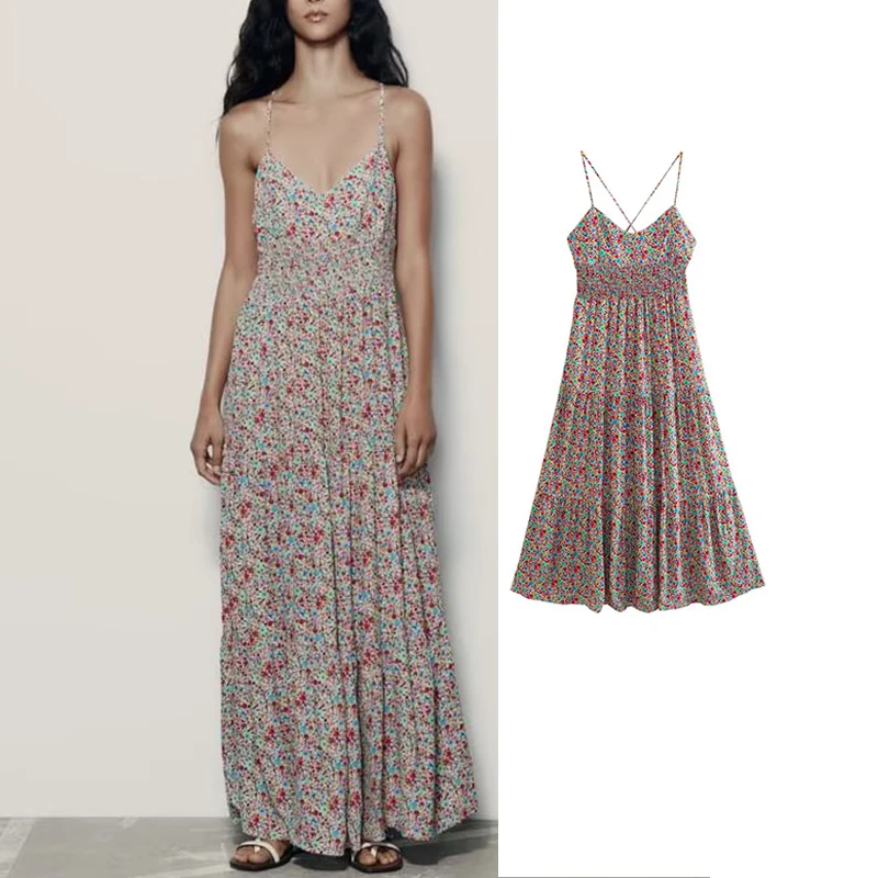 

Платье женское длинное с оборками, открытой спиной и принтом