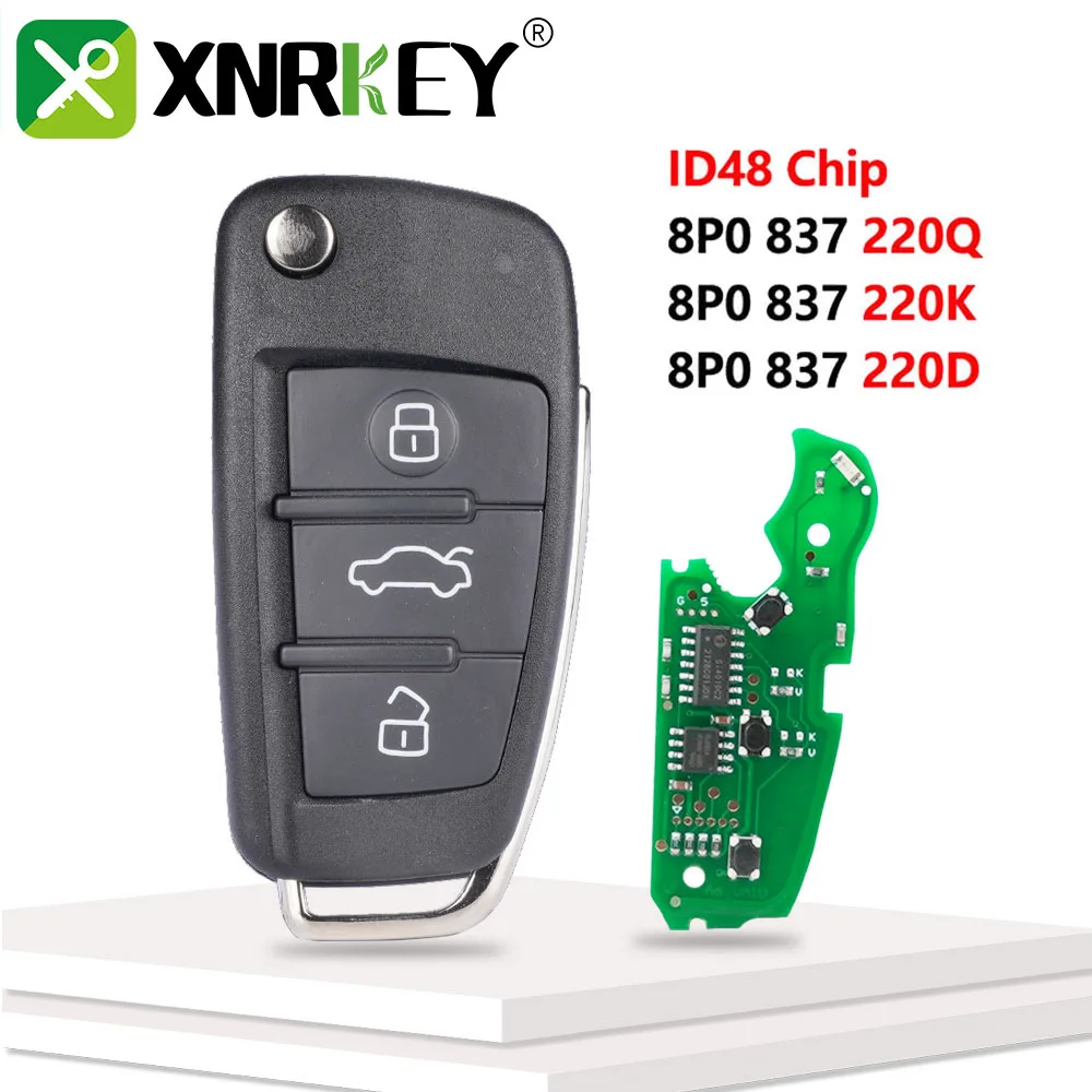 

XNRKEY 3 Button Flip Remote Car Key ID48 Chip 433Mhz for Audi A2 A3 S3 TT A4 S4 Cabrio Quattro Avant 2005-2013 8P0837220D/Q/K