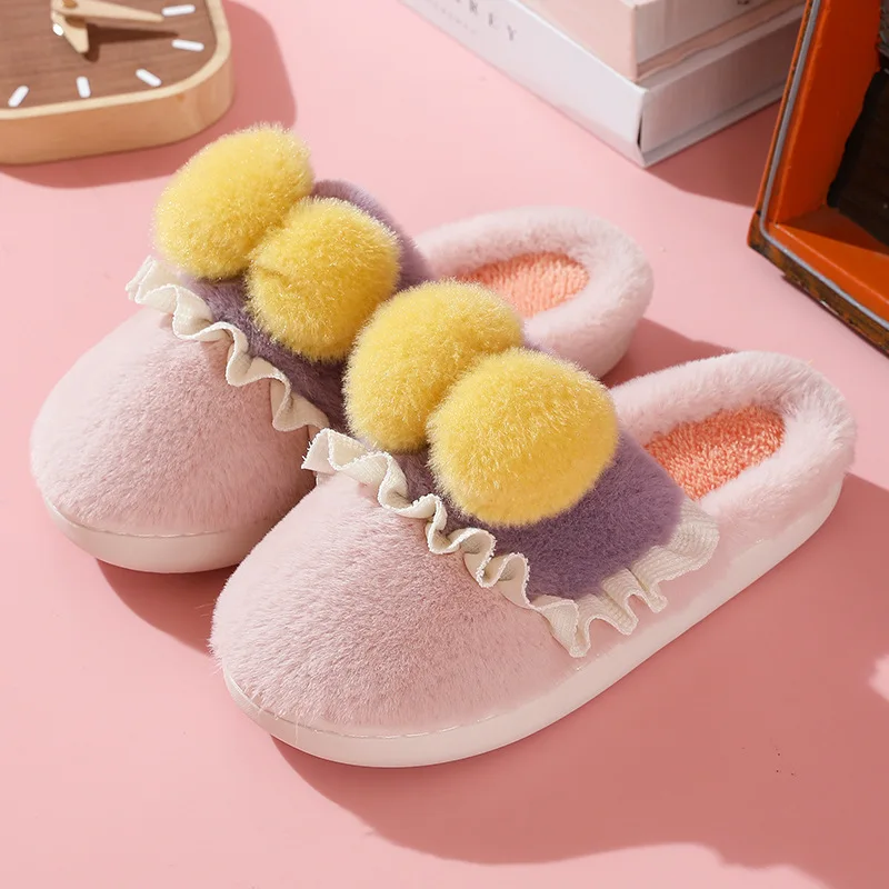 Cotton Slippers Female Male Autumn Winter Shoes Cute Bow Couples Home Indoor Slides Non-slip Warm Plush Ladies Cartoon Slipper