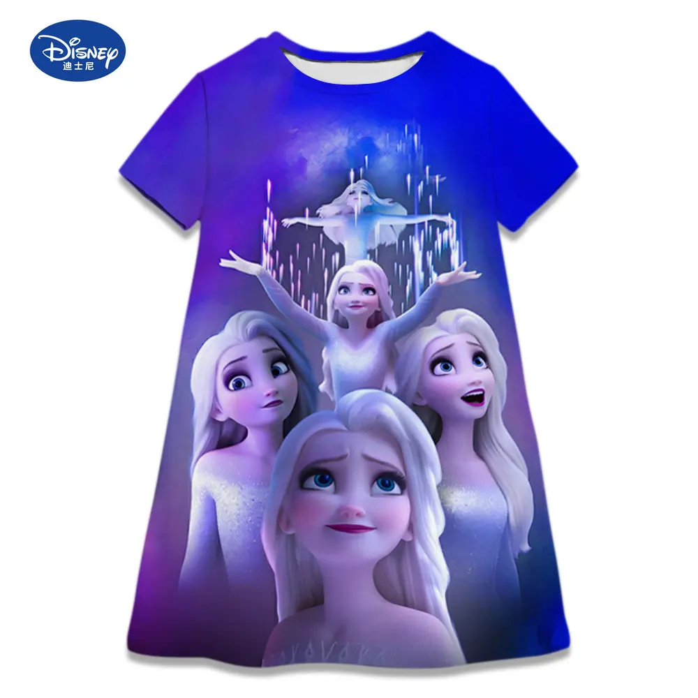 Disney Ice And Snow Wonder 2D 3D Digital Print Cartoon Character Pattern Girls Cartoon Short Sleeve Princess Dress