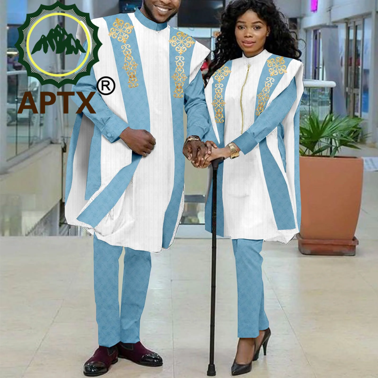 APTX African Couple Clothes Men Women Matching Agbada Robe Shirt Pant Suit 3 Pieces Set for Wedding Daily Love Wear TY21C032