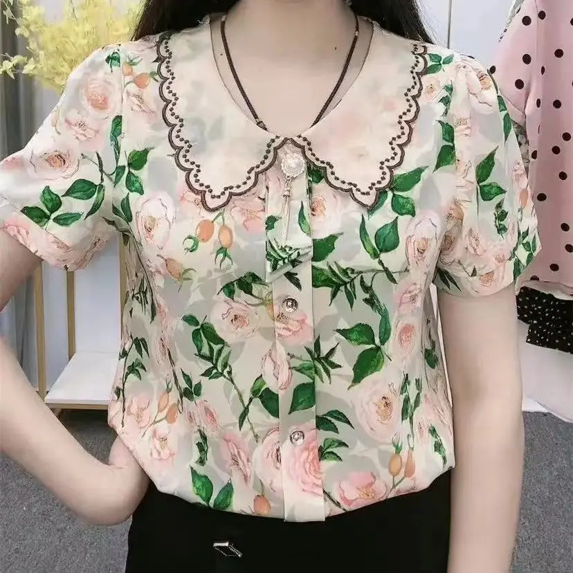 

Блузка женская с принтом, Повседневная рубашка с коротким рукавом, с воротником «Питер Пэн», офисная одежда, V146, на лето