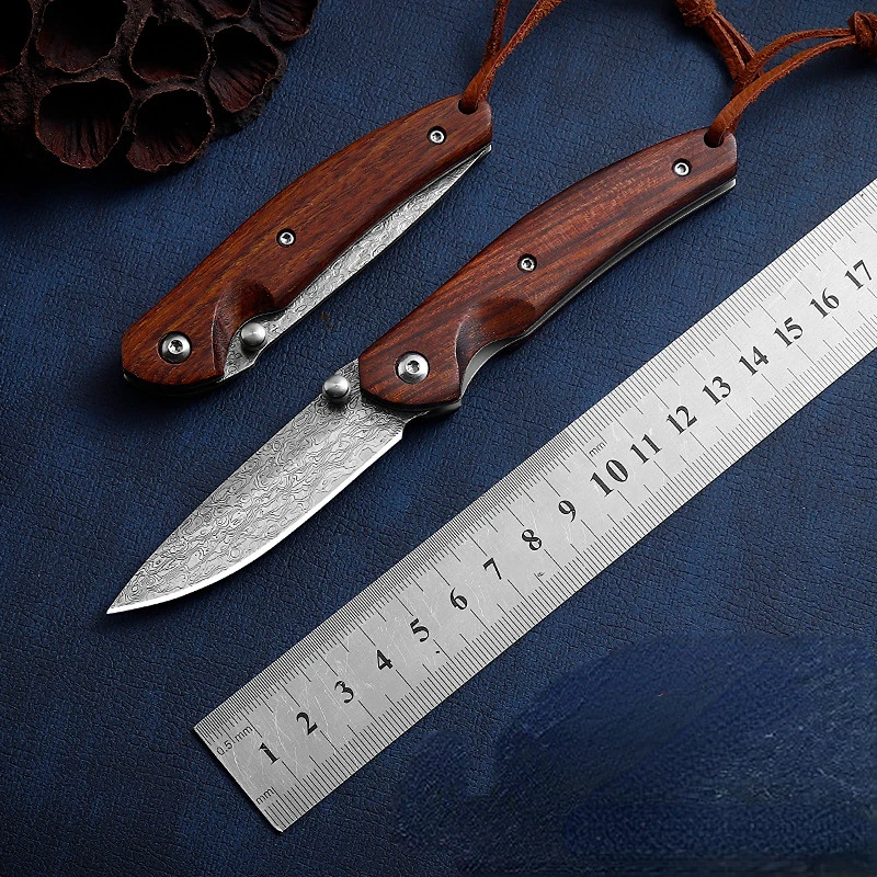 Складной нож из дамасской стали ручка твердой древесины портативный тактический