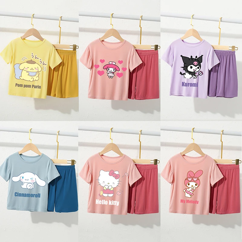 

Sanrio Kawaii Kuromi My Melody Hello Kitty Y2K мультфильм с коротким рукавом детский костюм летняя милая детская хлопковая одежда с круглым вырезом