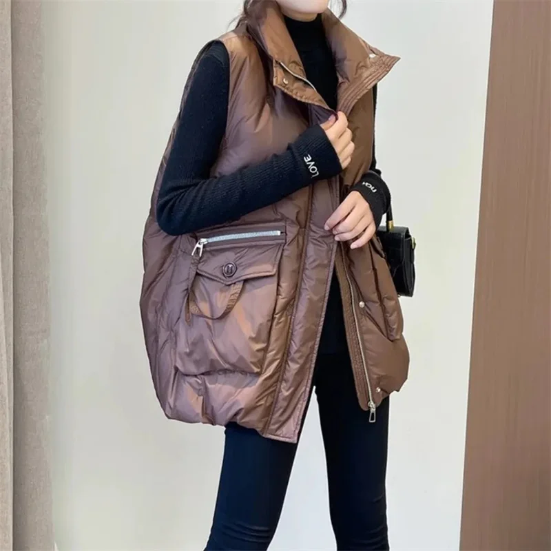 

2023 Autumn Winter Europe Female New Down Cotton Vest Women Loose Wear Big Pocket Embroidered Vest Cotton Vest Jacket Cardigan