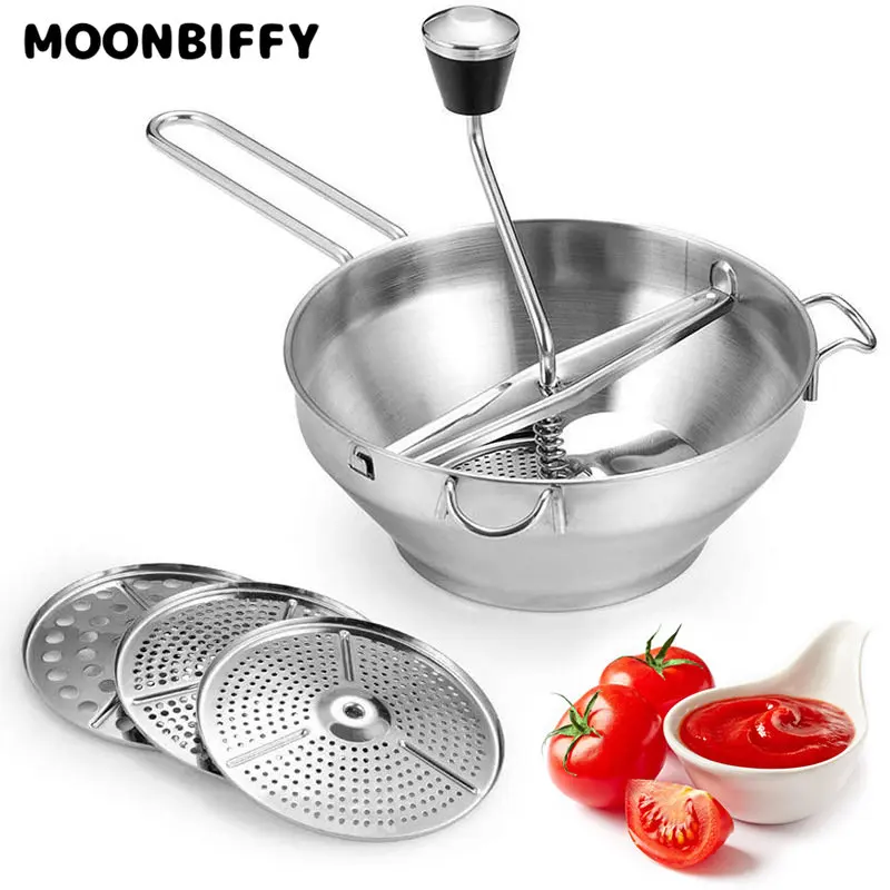 

3 перфорированные диски из нержавеющей стали, профессиональная измельчитель грязи, фруктов, овощей, варенья, сито, терка, кухонная мельница ...