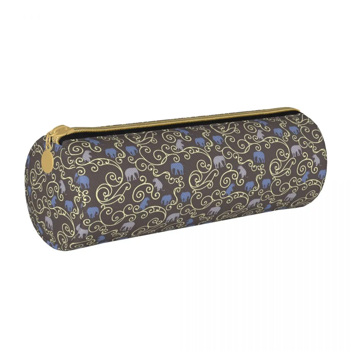 

Cute Elephant Round Pencil Case Filigree Print Simple Leather Pencil Box Elementary School Boy Girl Zipper Pen Bags