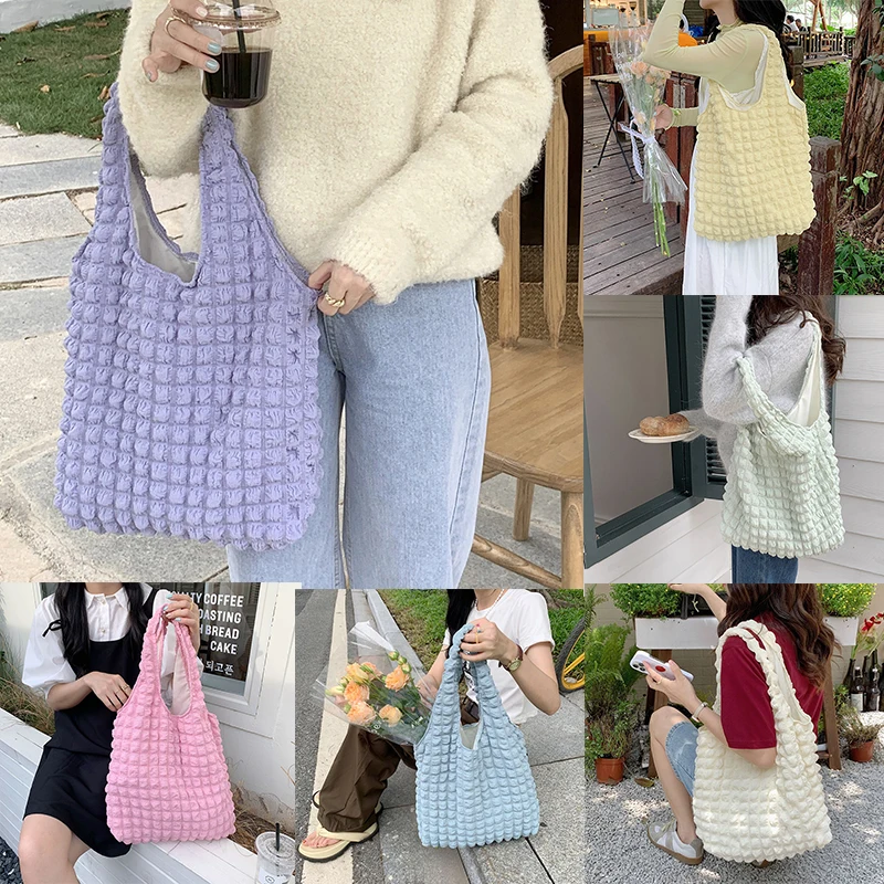 Women Shoulder Bags Cute Pleated Bubbles Large Capacity Female Vest Underarm Bag Tote Shopping Bag Soft Cloth Fabric Handbags