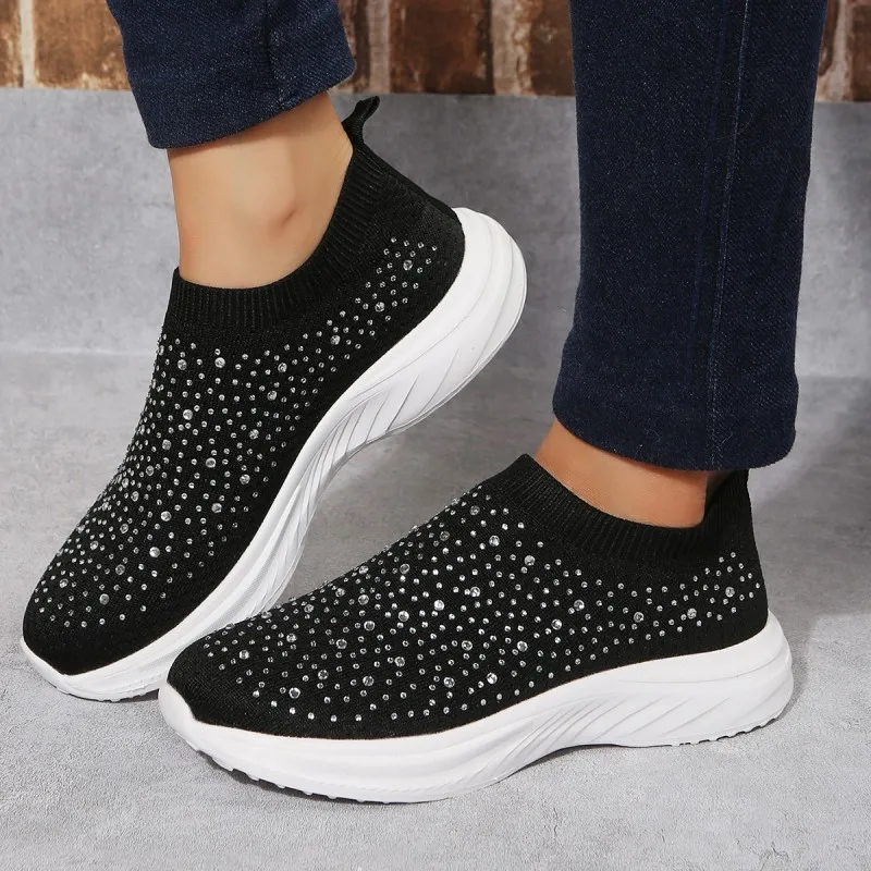 Knit Mesh Crystal Sneakers Women Comfortable Breathable Flats Shoes for Women 2023 Slip on Plus Size Casual Shoes Female