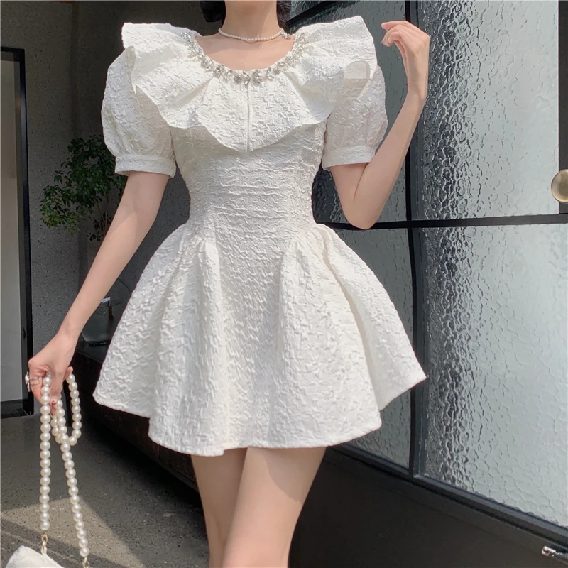 

French Style Chic Women Dresses Diamonds Ruffles Puff Short Sleeve Vintage Temperament Party Dresses Mini Ladies Summer