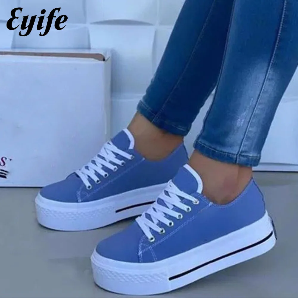 

Women's New Canvas Shoes 2022 Spring Fashion Round Toe Lace Up Casual Vulcanized Shoes 35-43 Large-Sized Flat Sport Sneakers