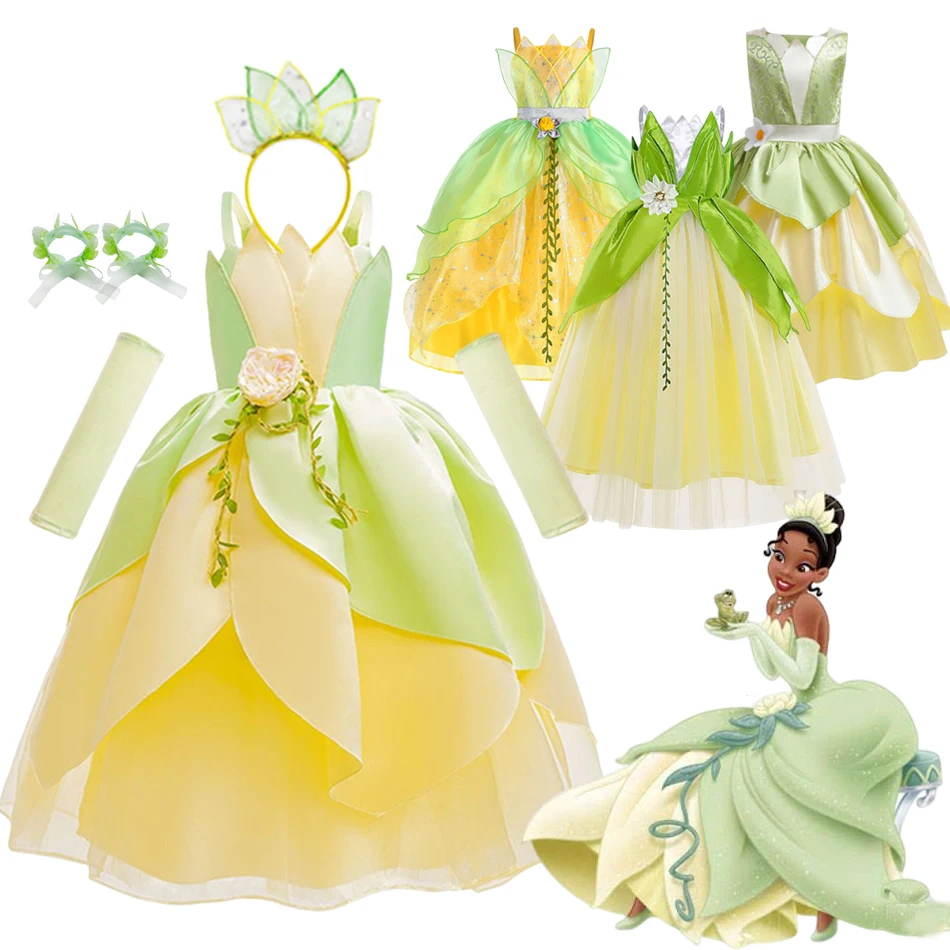 

2023 Disney Fancy Tiana Dress The Princess and the Frog Cosplay Flower Clothing Halloween Girl Kids Christmas Party