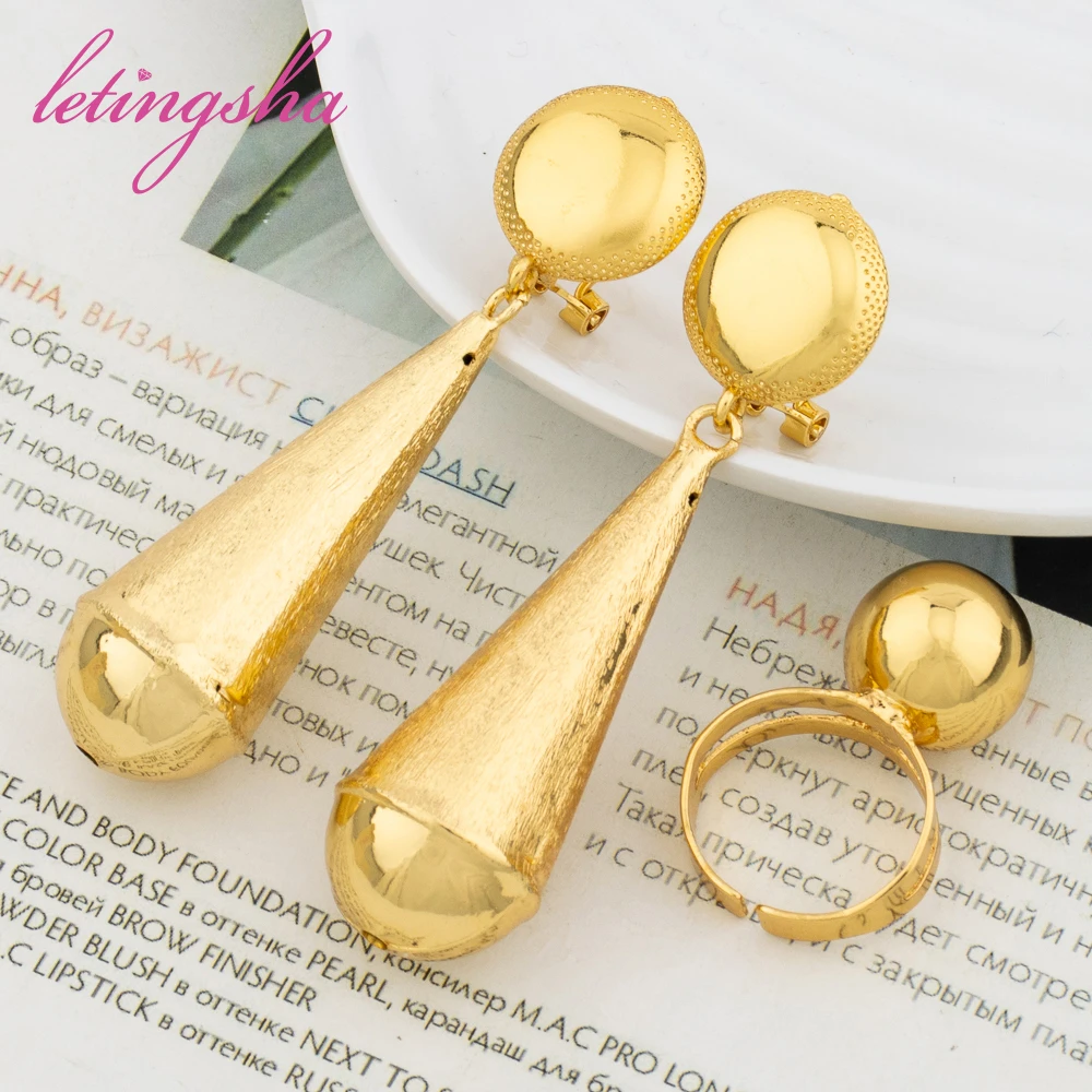 

Dubai Gold Color Women Water Drop Luxury Jewelry Set Fashion Earring Bead Ring Set African Wedding Jewelry Bride Party Gifts