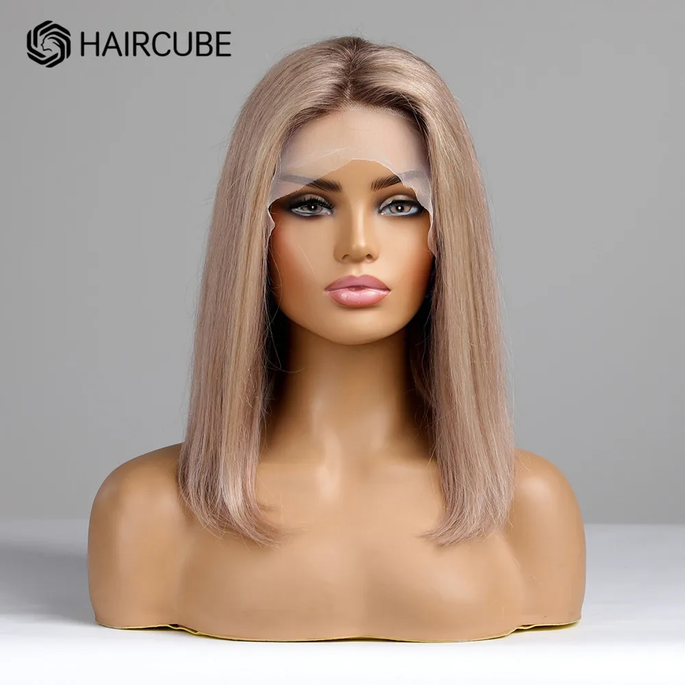 

HAIRCUBE Champagne Blonde Bob Human Hair Wig Medium Long Straight Lace Front Wigs Middle Part Remy Human Hair Wigs for Women