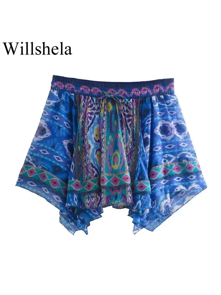 

Willshela женские модные плиссированные мини-юбки с принтом винтажные женские короткие юбки с высокой эластичной талией