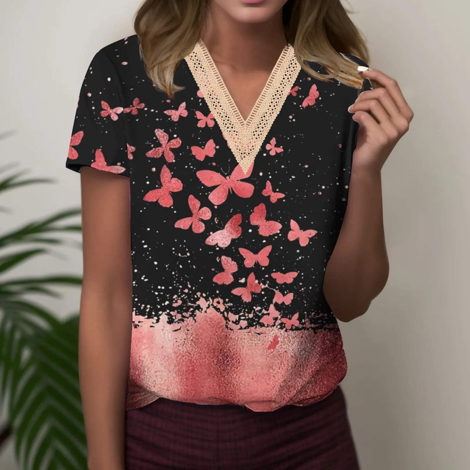 

Women's Faux Cotton Drawstring V Neck Lace Shirts for Women Tee Shirts Women Spandex Long Sleeve Shirt Women Shirts Women for