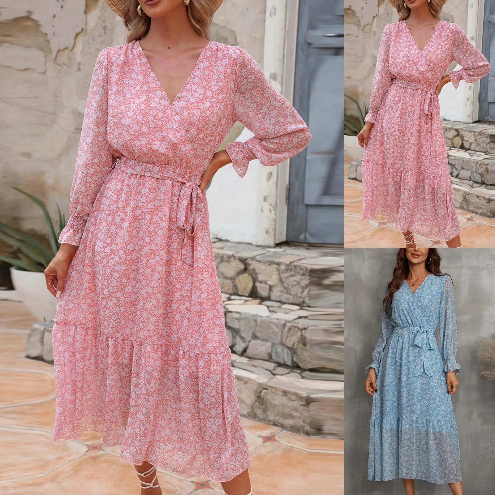 

Boho Spring Maxi Dress Women Floral Print Ruffle Dress Long Sleeve Wrap V Neck Pleated Belt A Line Flowy Cocktail Dress Vestidos