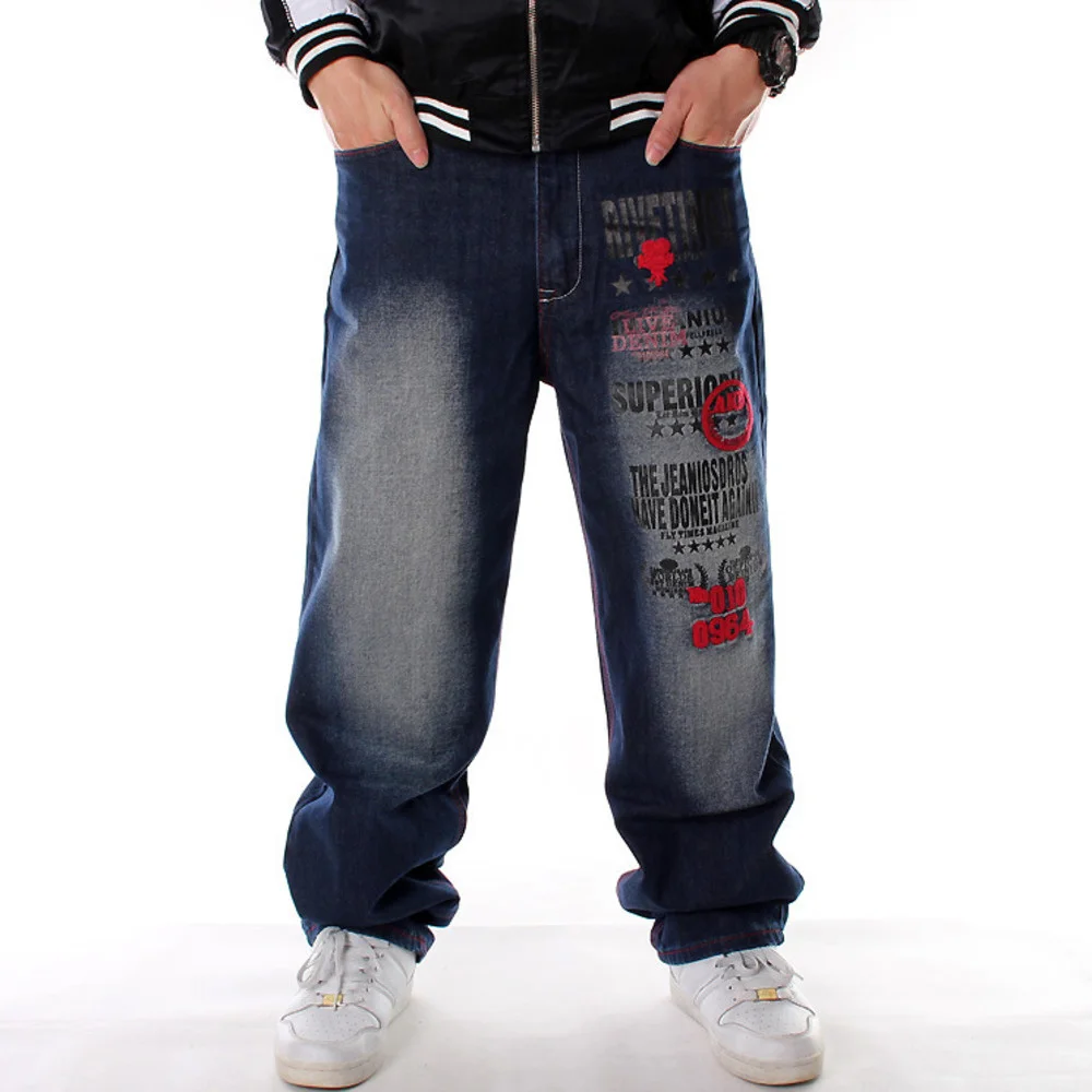 

Men Street Dance Jeans Hiphop Fashion Embroidery Blue Loose Board Denim Pants Overall Male Rap Hip Hop Jeans Plus Size 30-46