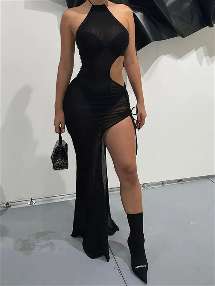 

Женское прозрачное длинное платье CHRONSTYLE, Сетчатое Прозрачное Платье макси с лямкой на шее, открытыми плечами и Боковым Разрезом, вечернее п...