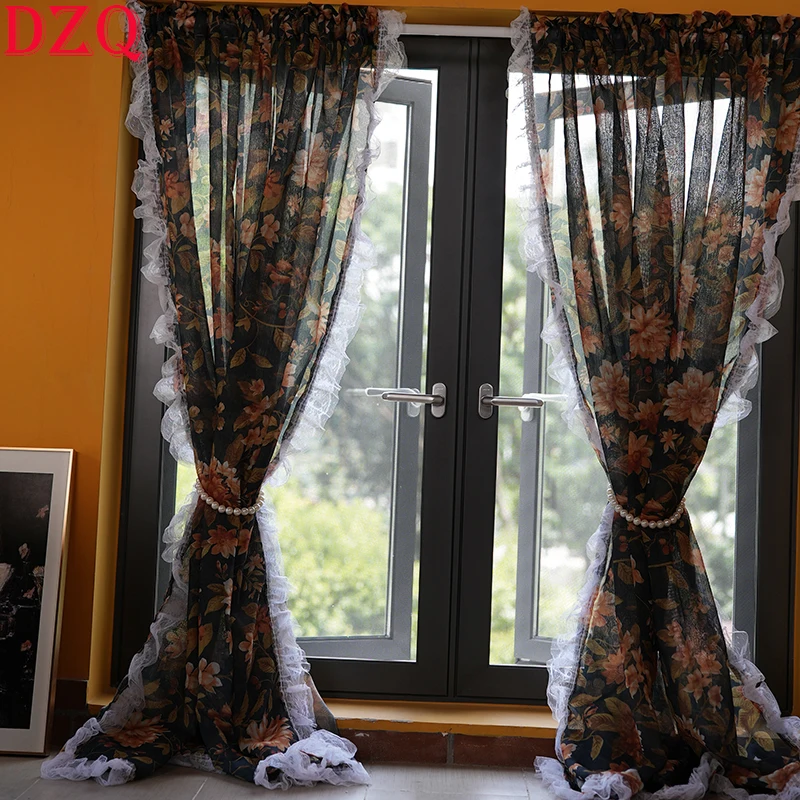 

100*150 Idyllic American Retro Flowers Window Tulle Door Curtain Warp Ruffled Rural Gauze Half Curtain for Kitchen Balcony #A118
