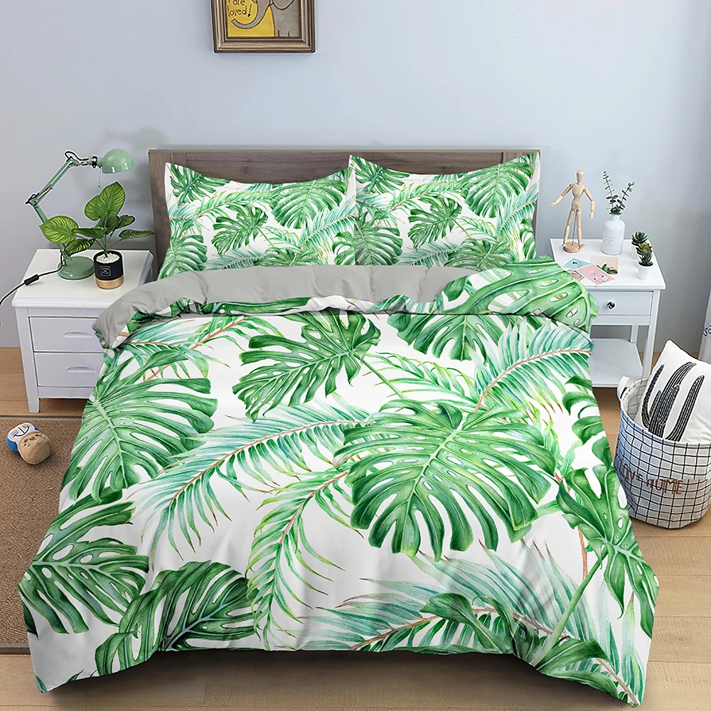 

Комплект постельного белья с тропическими листьями и цветочным принтом, 2/3 шт.