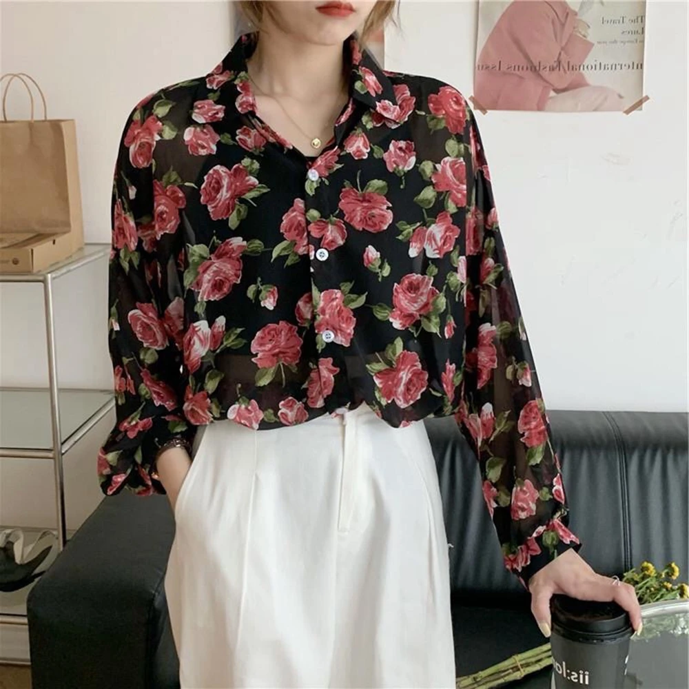 Spring Summer Polo-neck Floral Print Sweet Chiffon Shirt Women Long Sleeve Elegant Fashion Temperament Blouse Lady Buttons Top
