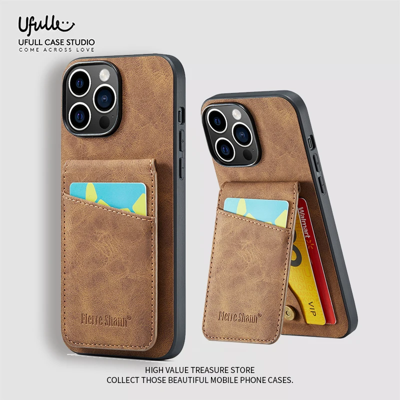 

Leather Card holder Phone Case For iPhone 15 14 13 12 11 Pro Max For 8 7 14 15 Plus X XR XS Max Rear Support Phone Shell Cover