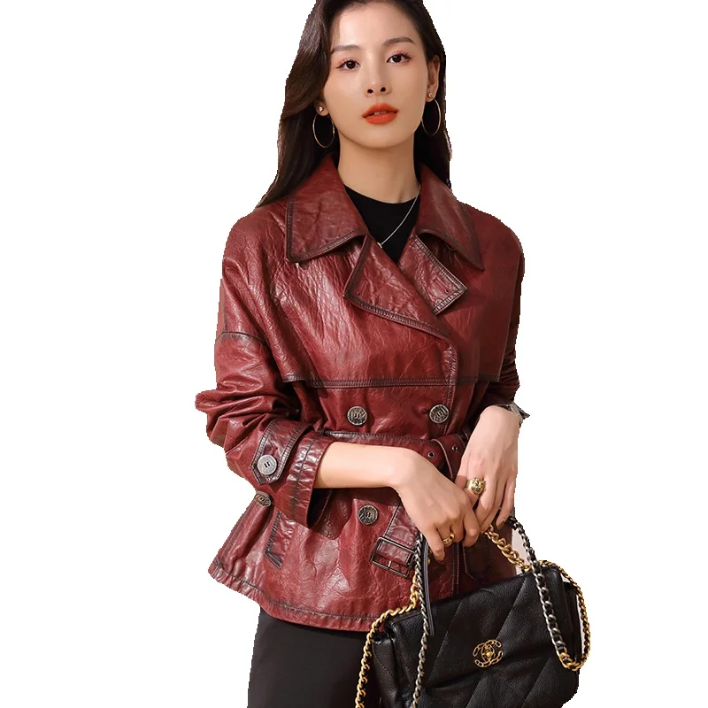 Длинная кожаная ветровка Женская куртка из натуральной кожи новый костюмный