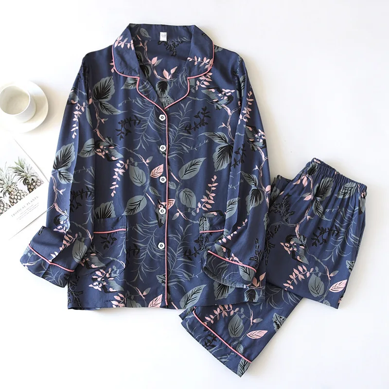 New 100% Viscose Pajamas Two-piece Long-sleeved Trousers Women's Flowers Comfortable Plus Size Homewear Suit