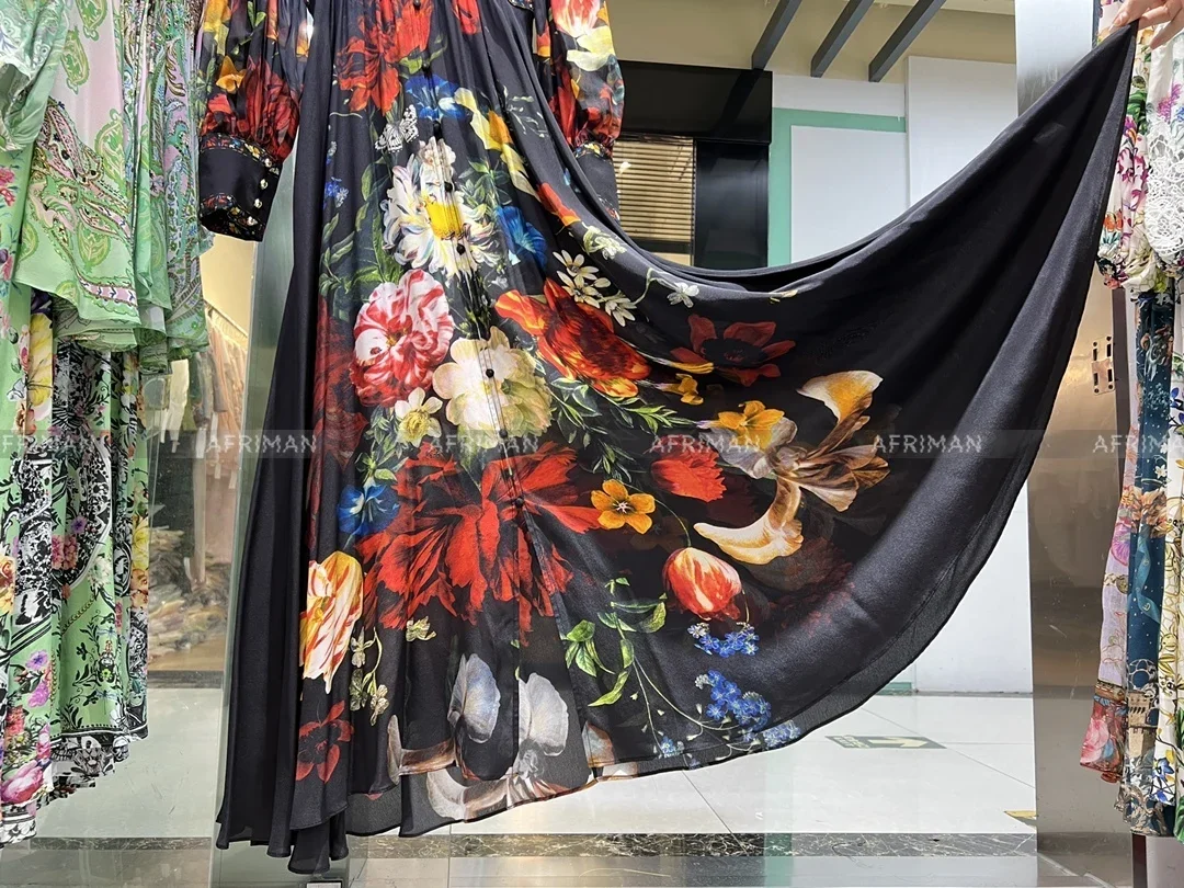 Женское длинное шелковое платье макси с V-образным вырезом и длинным рукавом