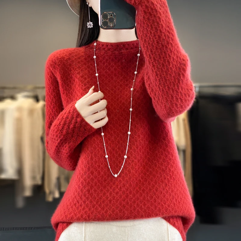 Женский вязаный свитер с полувысоким воротником однотонный свободный из 2024100%