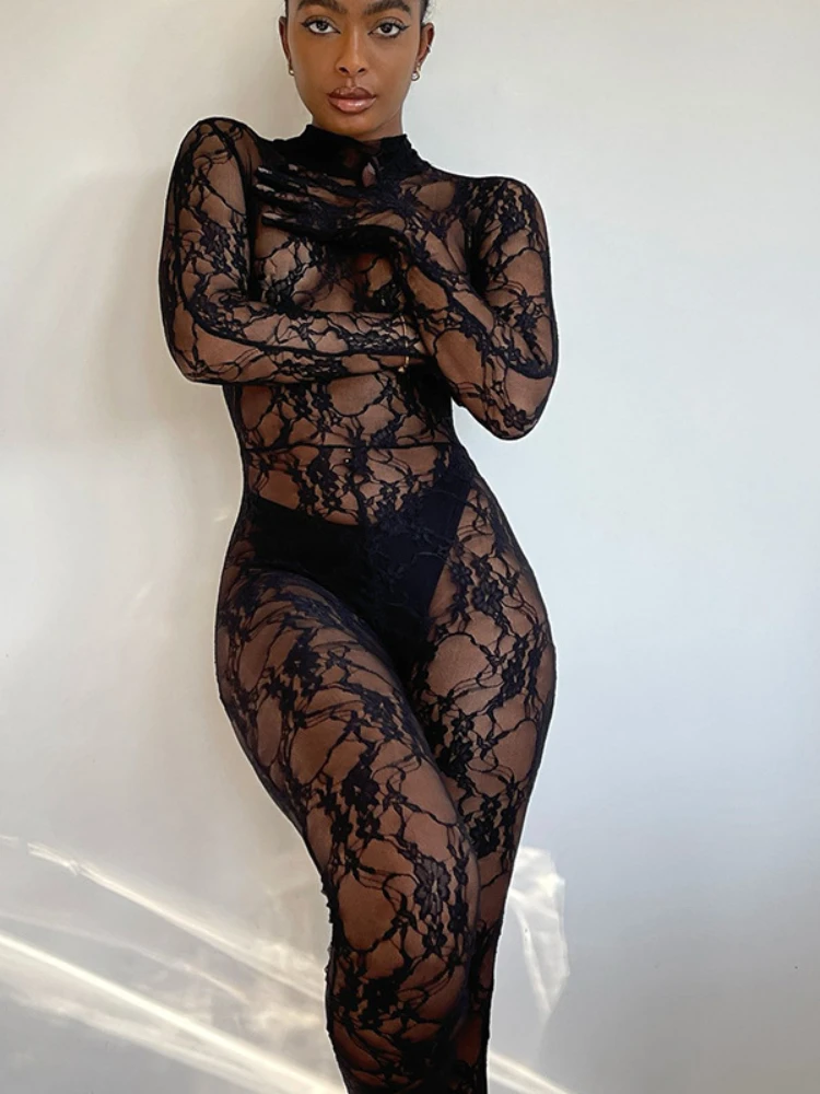 Кружевной сетчатый комбинезон с длинным рукавом и перчатками облегающие