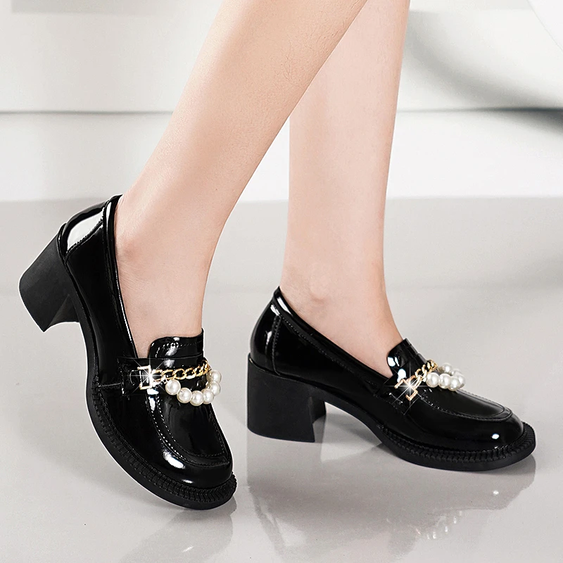 Hot Sale Elegant Ladies High Heels with Beaded Ladies Loafers Comfortable PU Mid Heel Casual British Style Oxfords