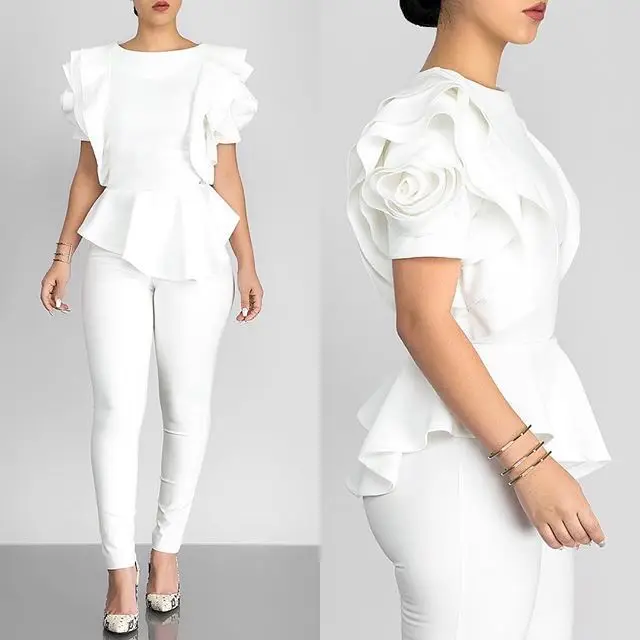 

Women Blouse Tops Shirt Layers Petal Sleeves Elegant Fashion Spring Summer Rose Red Blue Black White Bluas Ruffles Classy Lady
