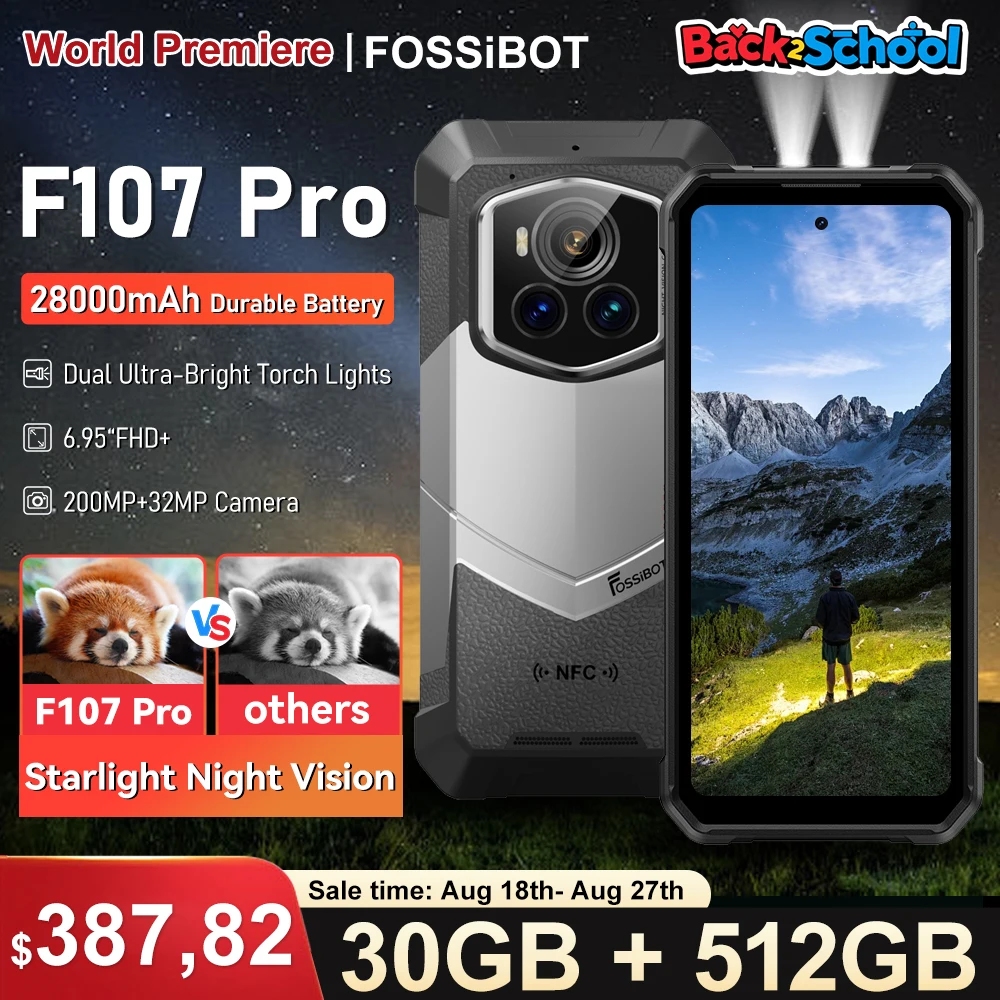 Фото Прочный мобильный телефон Fossibot F107 Pro 30 (12+18)Go+512Go Android 15 28000 мАч 66 Вт 200 МП + 32 МП 5G NFC/GPS Двойные яркие фонарики №1