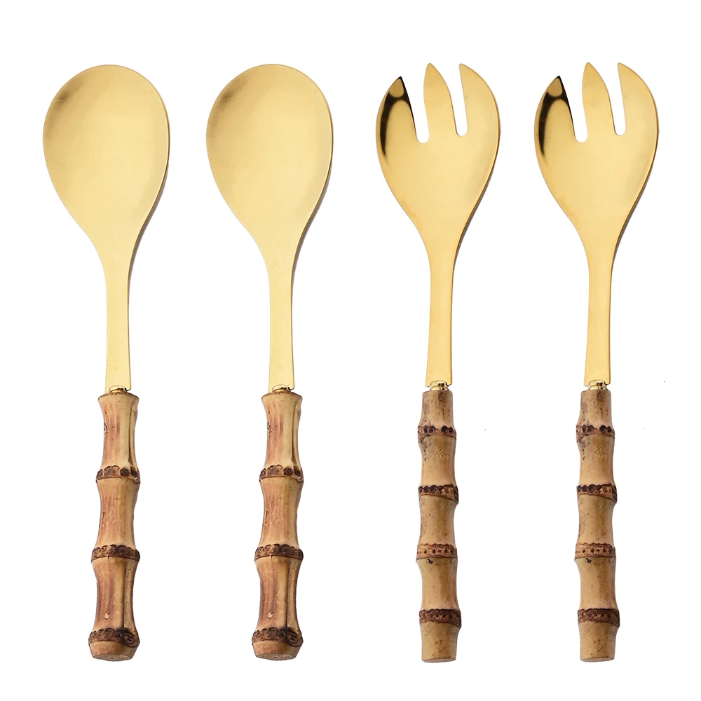 JANKNG 2/4Pcs Long Handle Serving Spork Bamboo Wooden Handle