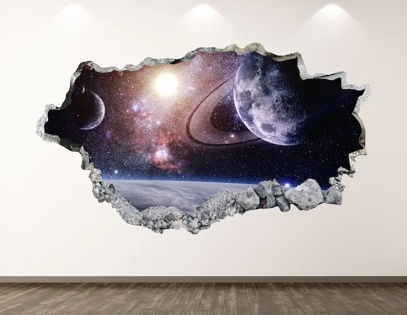 

Planets Space Wall Decal - Galaxy 3D Smashed Wall Art Sticker Kids Room Decor Vinyl Home Poster Custom Gift KD114