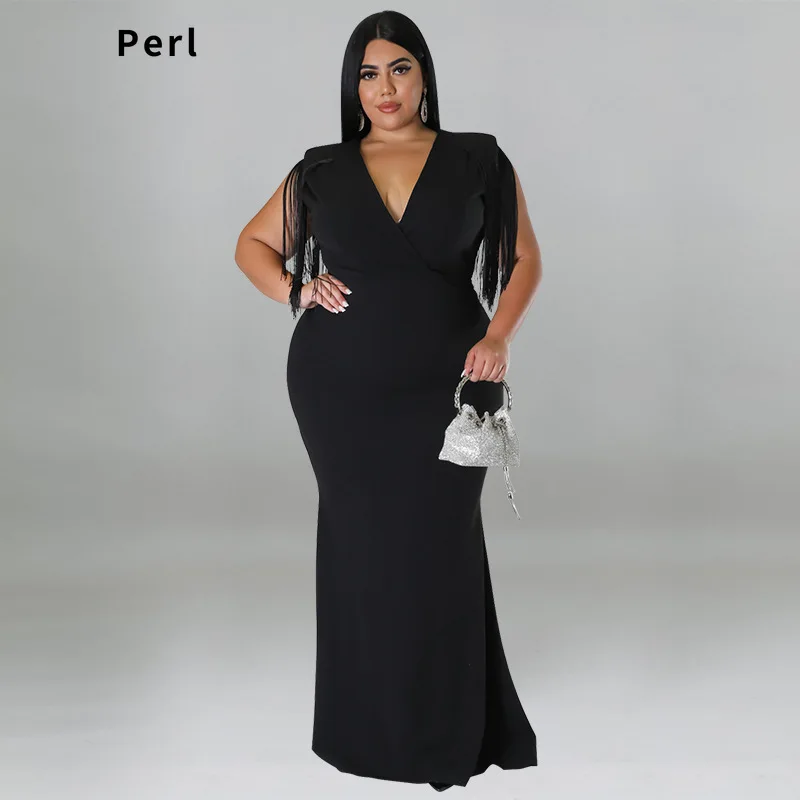 

Perl Tassel V-neck Long Dress Large Size Women Elegant Dresse Chic Party Birthday Wear Vestidos De Festa Plus Size Casamento