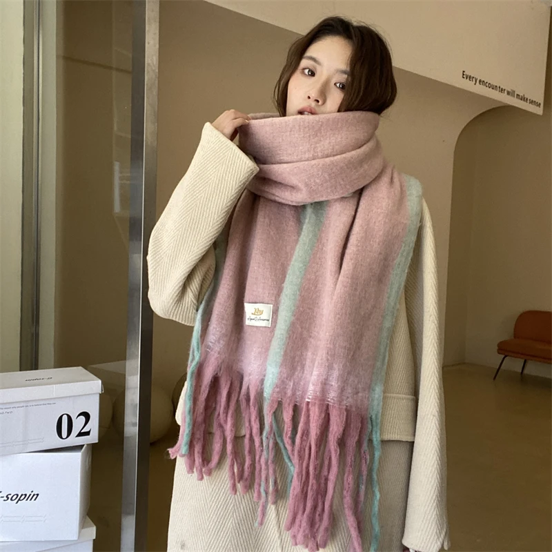 Большой зимний женский шарф двухцветные вязаные пончо накидка женская шаль