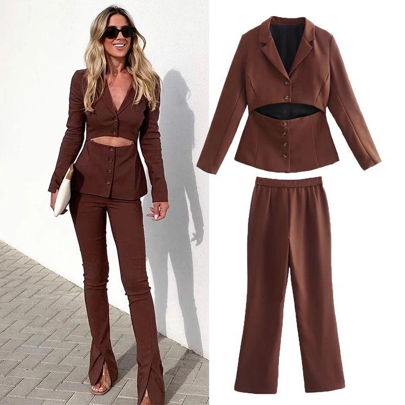 

2 Piece Set Women Suit 2022 New Slim Fit V-Neck Hollow Out 2 Piece Set Suit Elegant Chic Casual Fashion Autumn Suits Jacket