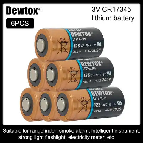 Литиевая батарея DEWTOX CR123A, CR17345, CR123, 123A, 123, 3 в, 6 шт.