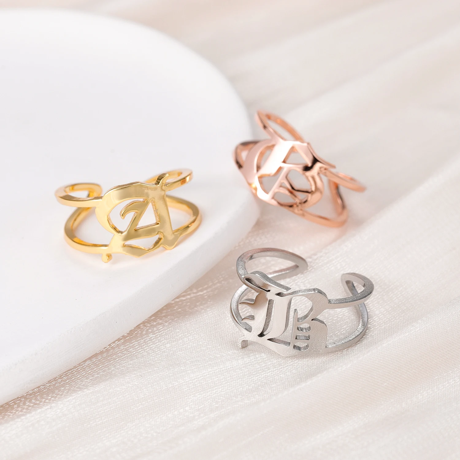 

A-Z Letter Gold Color Metal Adjustable Opening Ring Initials Name Custom Old English Ring Alphabet Female Party Trendy Jewelry