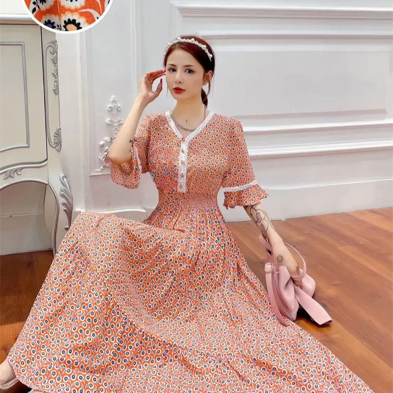 

Женское шифоновое платье-трапеция с цветочным принтом, длинным рукавом